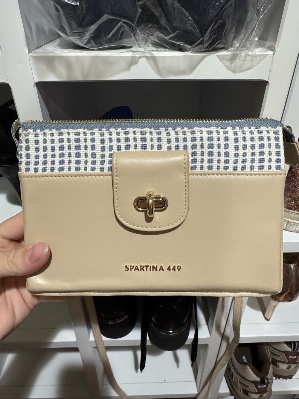 Spartina 449 Beige Crossbody with Blue Woven Top